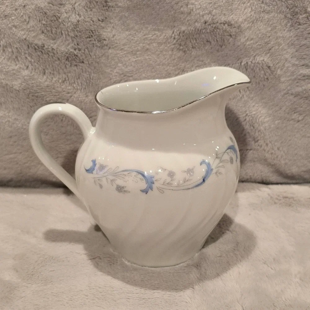 Vtg Camelot China Gracious 1990 Creamer Pitcher Blue Floral Silver Trim Japan